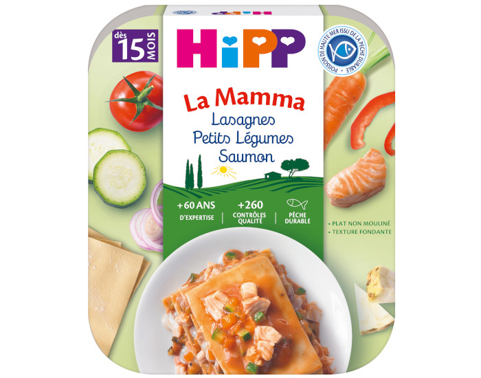 HIPP Ptes  l'Italienne de la Mamma- Assiette 250 g - Ds 15 et 18 mois Lasagnes Petits Lgumes Saumon