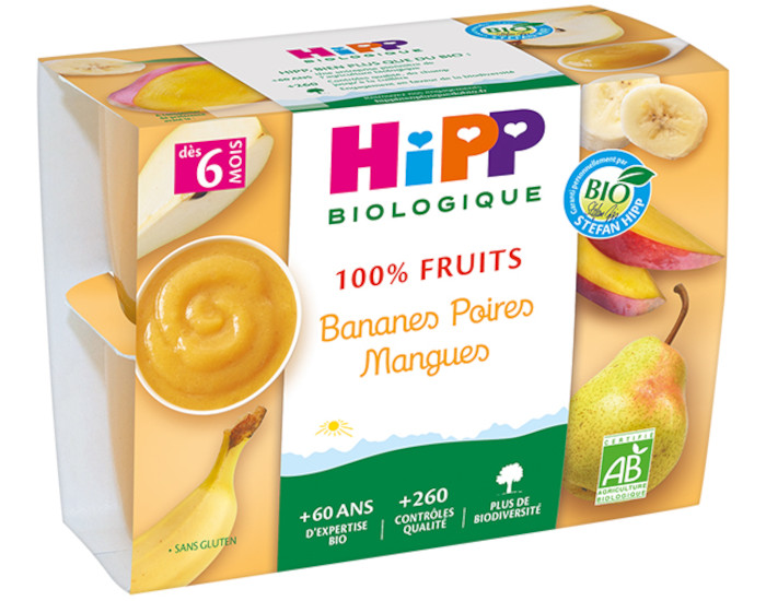 HIPP 100% Fruits - 4 x 100 g Bananes Poires Mangues - 6 M