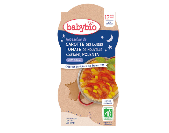 BABYBIO Bols Bonne Nuit - 2 x 200 g Carotte Tomate Polenta - Ds 12 mois