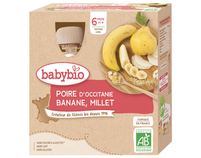 BABYBIO Gourdes - 4x90g - Ds 6 mois Poire - Banane - Millet