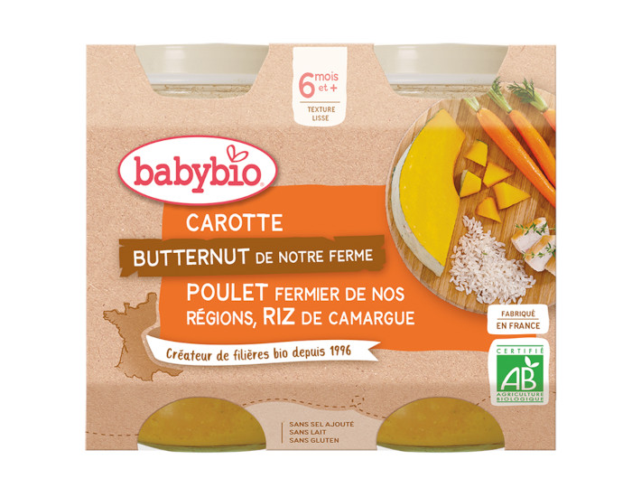 BABYBIO Petits Pots Menu du Jour - 2 x 200g - Ds 6 Mois Carotte Butternut Poulet Riz