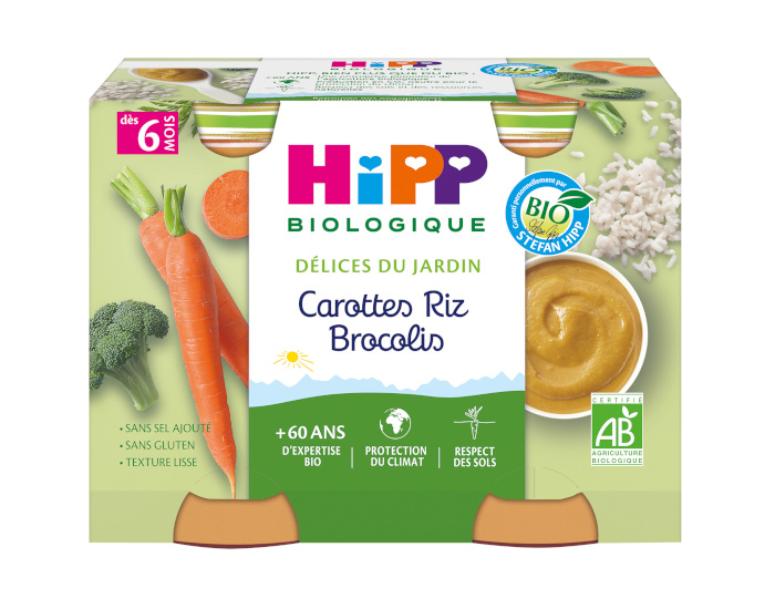 HIPP Dlices du Jardin - 2 x 190 g Carottes - Riz - Brocolis - 6M