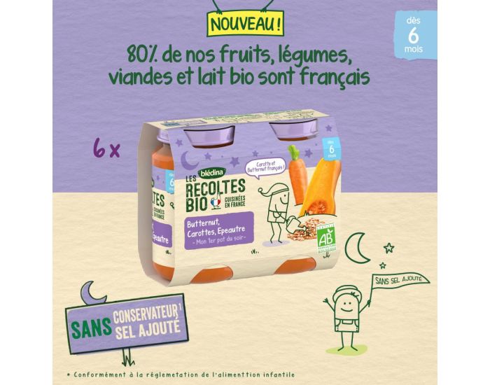 BLEDINA Les Rcoltes Bio - 6x(2x200g) Petits Pots - Butternut, Carottes et Epautre - Ds 6 mois (1)