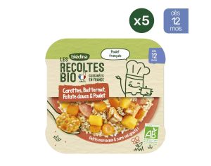 BLEDINA Les Rcoltes Bio - 5 Assiettes Butternut - Patate Douce & Poulet (5 x 230 g) - Ds 12 Mois